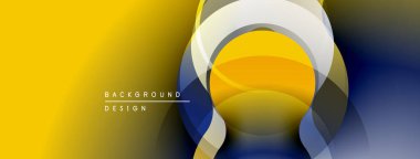 Soyut tasarım, parlak sarı ve mavi gradyanlara sahiptir. Üst üste binen şekiller dinamik görsel efekt yaratır. Modern, minimalist stil.