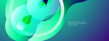 Soyut sıvı şekiller, canlı deniz mavisi renkleri, üst üste binen katmanlar dinamik arkaplan oluşturur. Yaprak aksanlı minimalist tasarım.