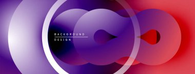 Soyut çemberler, gradyanlar dinamik bileşimler oluşturur. Mor, kırmızı renkler tasarıma hakim, modern estetik.