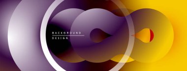 Soyut çemberler, gradyanlar dinamik görsel efektler yaratır. Mor, altın renkleri kompozisyona hakim. Modern tasarım ögesi.
