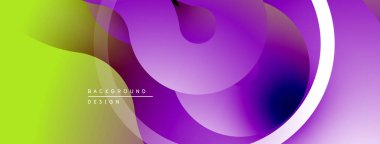 Soyut, enerjik bir arkaplan. Üst üste binen daireler sıvı şekiller oluşturur, eğimler yeşilden mora dönüşür. Modern tasarım ögesi.