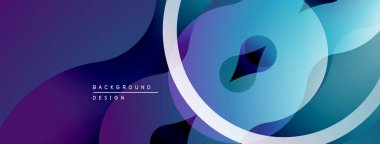 Soyut sıvı şekiller, canlı maviler, morlar modern arka plan yaratır. Üst üste binen daireler, gradyanlar dinamik görsel efekt sunar.