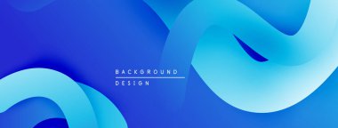Soyut mavi arkaplan. Düz eğriler dinamik, akışkan şekiller yaratır. Dereceli gölgeler derinlik sunar, modern estetik.