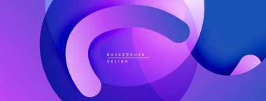 Soyut sıvı şekilleri örtüşür, parlak mor ve mavi renkler yaratır. Modern tasarım, hareket ve derinlik öneriyor. Arkaplan özellikleri metin.