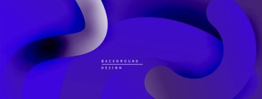 Soyut akışkan şekiller, derin maviler, mor gradyanlar modern arka plan oluşturur. Minimalist tasarım, düz eğriler, dinamik kompozisyon.