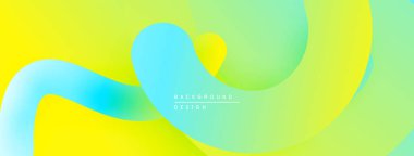 Soyut sıvı şekilleri sarı, turkuaz ve yeşile harmanlanır. Gradyan renkler dinamik arkaplan tasarımı yaratır. Yumuşak kıvrımlar hareketi gösterir.
