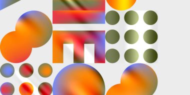 Renkli şekiller, daireler, dikdörtgenler içeren soyut bir kompozisyon. Gradyan renkler harmanlanarak, dinamik görsel efekt yaratır. Modern tasarım elemanları.