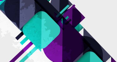 Soyut geometrik bileşim. Turkuaz, mor, beyaz şekiller, dinamik görsel efekt oluşturur. Modern tasarım elemanları.