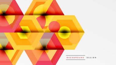 Soyut geometrik şekiller, canlı renkler, altıgen desenleri baskın bileşim. Modern tasarım elementleri dinamik görsel doku oluşturur.