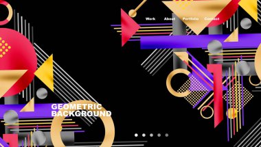 Soyut geometrik tasarım. Canlı renkler, şekiller üst üste biniyor dinamik görsel deneyimler yaratıyor. Modern biçim, uygun web sayfası başlığı.
