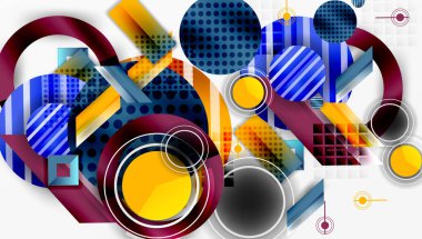 Soyut kompozisyon. Çemberler, kareler, dikdörtgenler üst üste biniyor. Mavi, sarı, turuncu baskın tasarım. Mevcut modern, geometrik desenler.