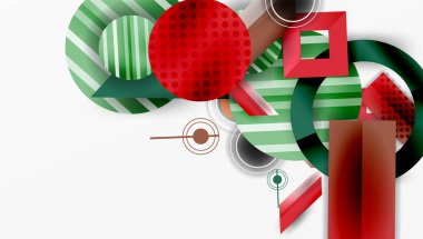 Soyut kompozisyon. Geometrik şekiller örtüşür, dinamik görsel ilgi yaratır. Kırmızı, yeşil baskın palet. Modern tasarım elemanları.