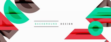 Soyut geometrik şekiller örtüşür, dinamik görsel kompozisyon yaratır. Kırmızı, yeşil, gri elementler beyaz zemin ile tezat oluşturuyor. Minimalist tasarım.