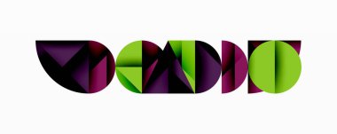 Soyut geometrik şekiller biçimlendirilmiş metni oluşturur. Mor, yeşil renkler tasarımda baskın. Minimalist kompozisyon, temiz çizgiler modern estetik sunar.