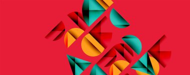 Soyut geometrik şekiller canlı kırmızı arka planla örtüşür. Açısal biçimler dinamik bileşim, modern tasarım estetik.