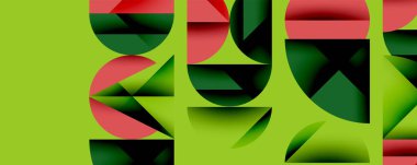 Soyut geometrik bileşim. Yeşil zemin kırmızı, koyu yeşil şekillerle çelişiyor. Modern tasarım, üst üste binen formlar görsel ilgi yaratır.