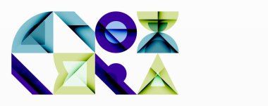 Soyut geometrik şekiller örtüşüyor ve renkli bir tasarım yaratıyor. Çeşitli üçgenler, daireler, çizgiler modern bileşim oluşturur..