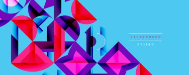 Soyut geometrik şekiller, canlı renkler, mavi fon. Modern tasarım elementleri dinamik görsel doku oluşturur.