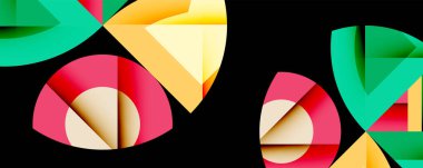 Soyut geometrik şekiller, canlı renkler, üst üste binen formlar dinamik bileşim oluşturur. Modern tasarım, kalın zıtlıklar, görsel uyum.