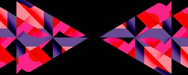 Geometrik şekiller aynalı ok başları oluşturur. Canlı pembeler, kırmızılar, morlar siyah arkaplan ile tezat oluşturuyor. Modern soyut tasarım.