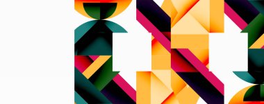 Soyut geometrik desen. Canlı renkler kesişiyor, dinamik görsel doku oluşturuyor. Şekiller örtüşüyor, karmaşık tasarım oluşturuyor.