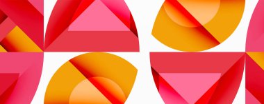 Soyut geometrik desen. Kırmızı, turuncu, pembe şekiller modern tasarım yaratıyor. Temiz çizgiler, basit formlar, canlı renkler..