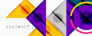 Parlak geometrik şekiller örtüşür, canlı ve soyut bir kompozisyon yaratır. Sarı, mor, gri tonlar dizaynın hakimi. Modern biçim.
