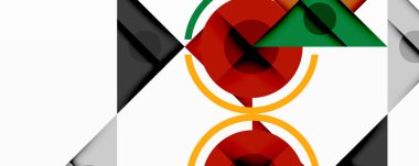 Soyut geometrik bileşim. Şekiller çakışıyor, dinamik görsel etki yaratıyor. Kırmızı, yeşil, gri tonlar tasarımda baskın. Minimalist stil.