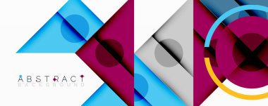 Geometrik şekiller örtüşür, canlı ve soyut bir bileşim yaratır. Renkler arasında mavi, mor, gri, sarı var. Modern tasarım ögesi.