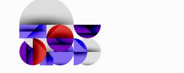 Soyut kompozisyon, üst üste binen yarı daireler, canlı mor, kırmızı renkler. Beyaz arkaplan karşıtlık sağlar, modern görsel efekt yaratır.