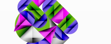 Soyut geometrik şekiller, canlı renklerin karışımı. Üçgenler karmaşık tasarım oluşturur, modern estetik. Temiz çizgiler, dijital resimleme.