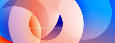 Soyut çemberler çakışıyor, canlı gradyanlar yaratıyor. Turuncu, mavi, pembe renkler kusursuz bir şekilde harmanlanır. Arka planlar için modern tasarım ögesi.