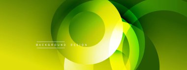 Soyut yeşil tasarım, üst üste binen daireler. Gradyan gölgeler dinamik görsel efekt yaratır. Çeşitli projeler için modern arkaplan.