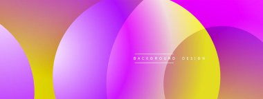 Soyut, enerjik çemberler çakışıyor ve gradyan etki yaratıyor. Pembe, mor, sarı renkler kompozisyona hakim. Modern tasarım ögesi.