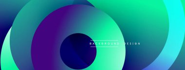 Soyut çemberler çakışıyor, canlı gradyanlar yaratıyor. Mavi, mor, yeşil renkler tasarımda baskın. Modern estetik, basit kompozisyon.