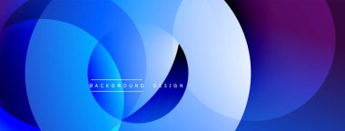 Soyut daireler örtüşüyor, parlak mavi ve mor renkler yaratıyor. Arka planlar ve sunumlar için modern tasarım öğesi. Minimalist estetik.