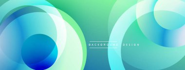 Soyut daireler örtüşüyor, canlı deniz mavisi ve yeşil renkler yaratıyor. Modern tasarım akıcılık, hareket, sakin bir atmosfer öneriyor..