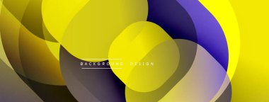 Soyut tasarım özellikleri üst üste binen sarı, mor şekiller. Gradyan renkler dinamik görsel efekt yaratır. Modern arkaplan ögesi.