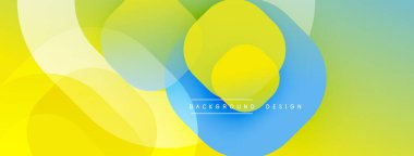 Soyut sıvı şekilleri örtüşür, parlak sarı, mavi ve yeşil renkler yaratır. Arkaplan, pankart ve sunumlar için modern tasarım ögesi.