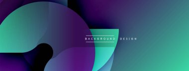 Soyut gradyan şekiller çakışıyor, dinamik görsel etki yaratıyor. Teal, mor renkler kompozisyona hakim. Mevcut en küçük metin.