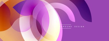 Soyut renkli çakışan daireler dinamik arkaplan oluşturur. Mor, turuncu, pembe renkler düzgün bir şekilde harmanlanır. Modern tasarım ögesi.