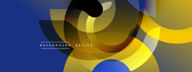 Soyut geometrik şekiller örtüşür, dinamik bileşim yaratır. Mavi, sarı, siyah renkler tasarımda baskın. Modern estetik.