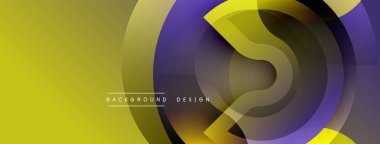 Soyut geometrik şekiller örtüşüyor, dinamik sarı ve mor katmanlar oluşturuyor. Modern tasarım elementleri yenilik ve akıcılık öneriyor.