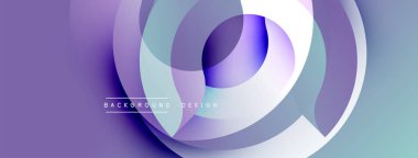 Soyut daireler örtüşüyor, canlı mor, mavi renkler yaratıyor. Modern tasarım akıcılık, hareket, derinlik öneriyor. Arkaplanda metin ögeleri.