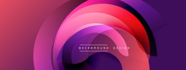 Soyut gradyan katmanlar dinamik dairesel bileşim oluşturur. Pembe, mor renkler harmanlanarak modern arkaplan tasarımı ögesi oluşturur.