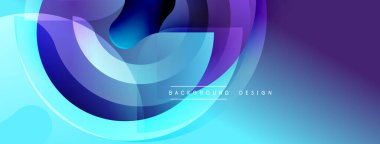 Soyut akışkan şekiller, canlı maviler, morlar dinamik bir zemin oluşturur. Modern tasarım elementleri teknoloji ve yenilik öneriyor.