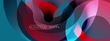 Soyut sıvı şekilleri örtüşür ve canlı renk değişimleri yaratır. Tasarımda maviler, kırmızılar, pembeler, siyahlar var. Modern estetik.