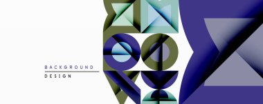 Soyut geometrik şekiller üst üste binerek modern tasarım yaratıyor. Mavi, yeşil, gri tonlar kompozisyona hakim. Temiz çizgiler ve gradyanlarla minimalist estetik.