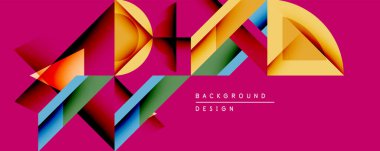 Soyut geometrik şekiller örtüşür ve canlı bir bileşim yaratır. Parlak renkli, turuncu, mavi, morumsu arka planda yeşil kontrastlı. Modern tasarım elementleri dinamizm ve derinlik öneriyor.