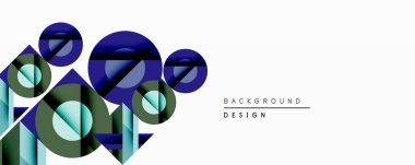 Soyut geometrik bileşim. Üst üste binen daireler, kareler dinamik görsel efektler yaratır. Mavi, yeşil renkler tasarıma hakim. Minimalist tarz, modern estetik. Temiz arkaplan şekilleri geliştirir.